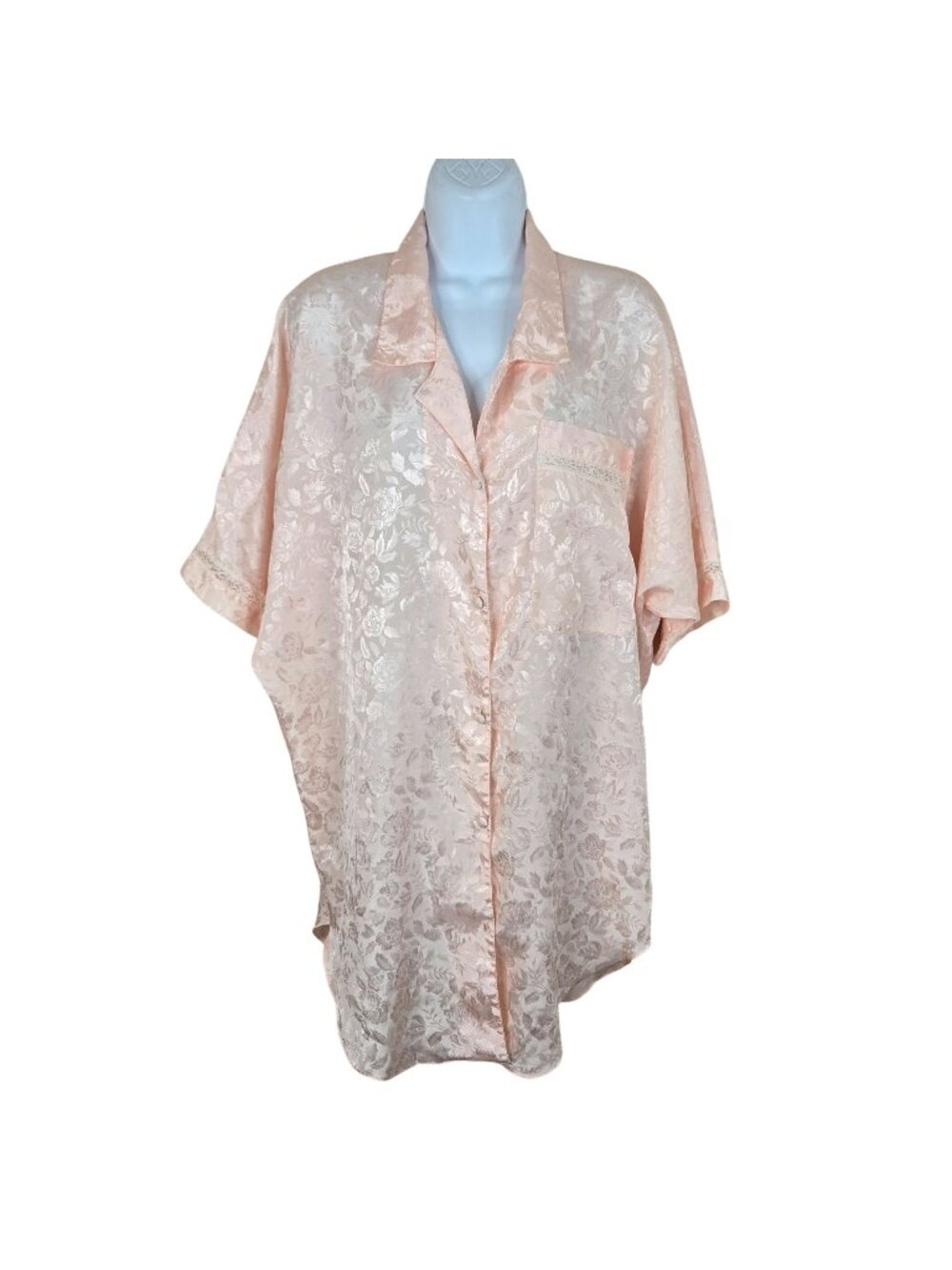 Vintage 80s Peach Floral Jacquard Satin Sleep Shirt Womens S